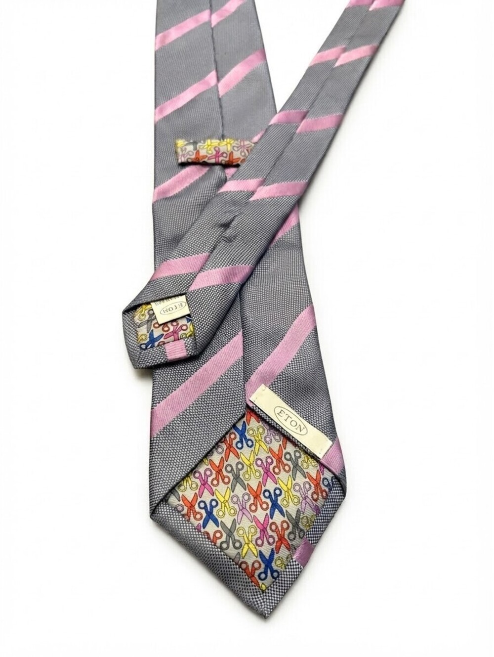 Eton Men's Tie Woven in England Grey Pink Stripe 100% Silk 59 inches